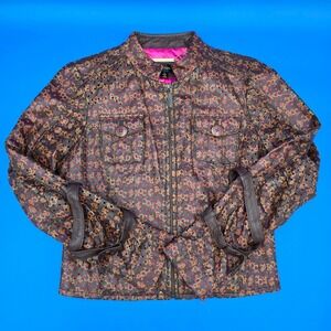 Rocawear Leather Jacket Moto Brown‎ Pink ROC Logo Streetwear Womens Y2K VTG